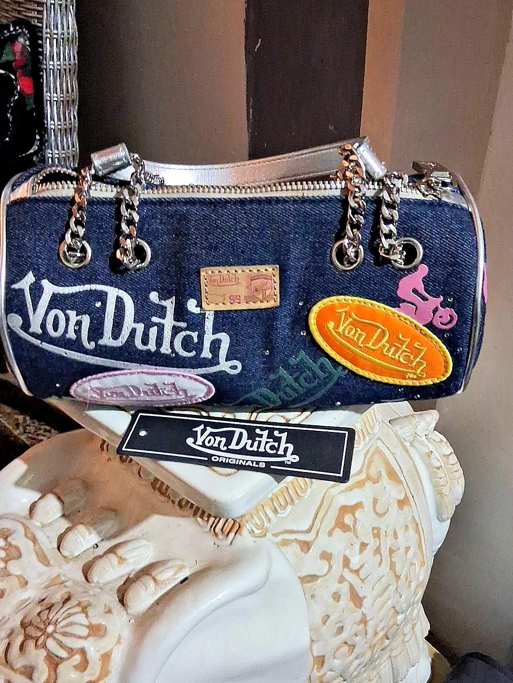 Von Dutch Barrel Bag Denim Blue & Silver NWT
